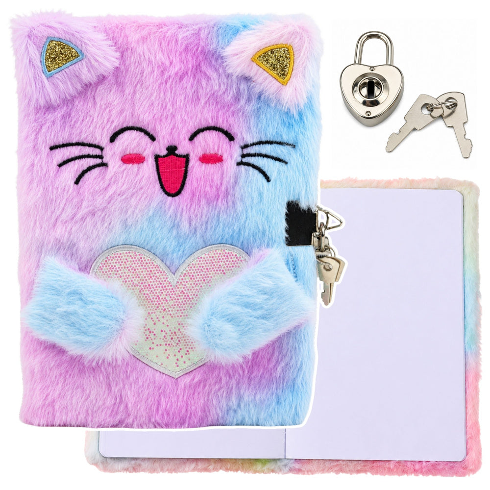 Plush kitten notebook/diary with padlock, keys, and blank pages