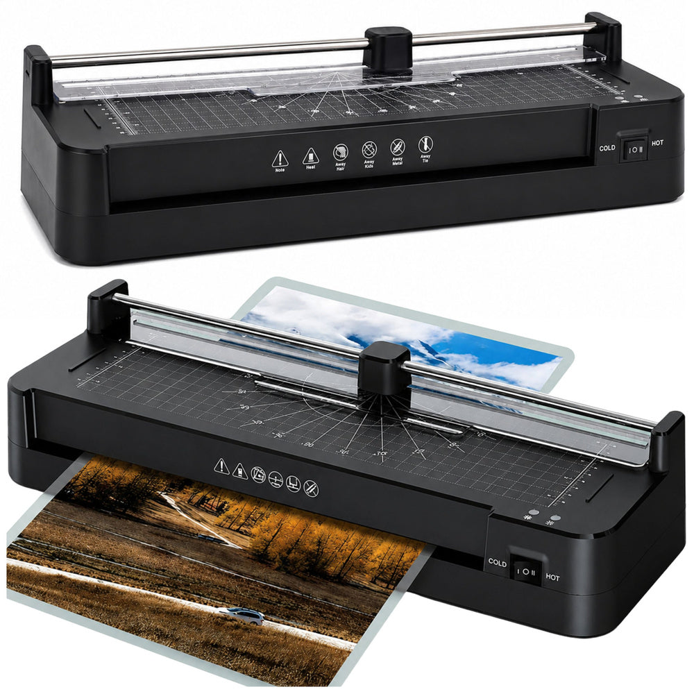 3-in-1 laminator with sealing and cutting function for A3 photo documents, black