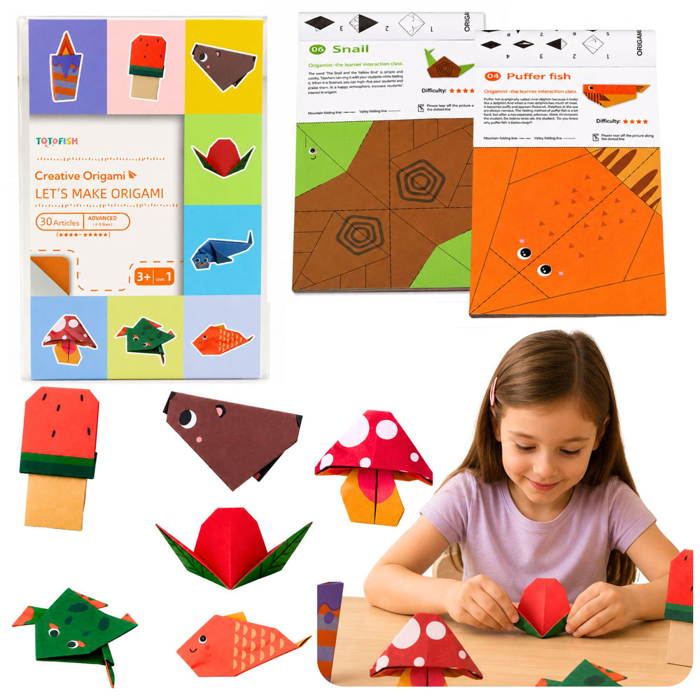 Colorful origami notebook for children, animal motifs, difficulty levels, 30 sheets