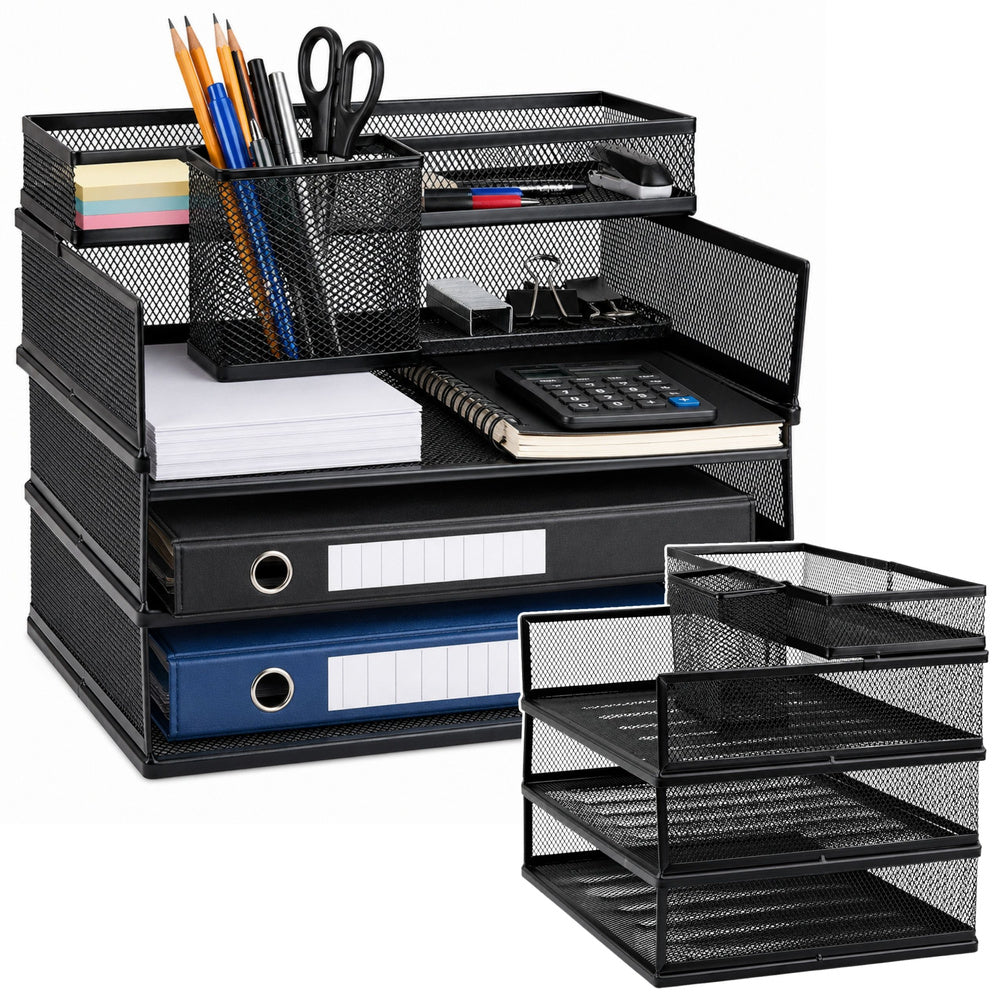 Multi-tiered metal shelving units for documents and accessories, black