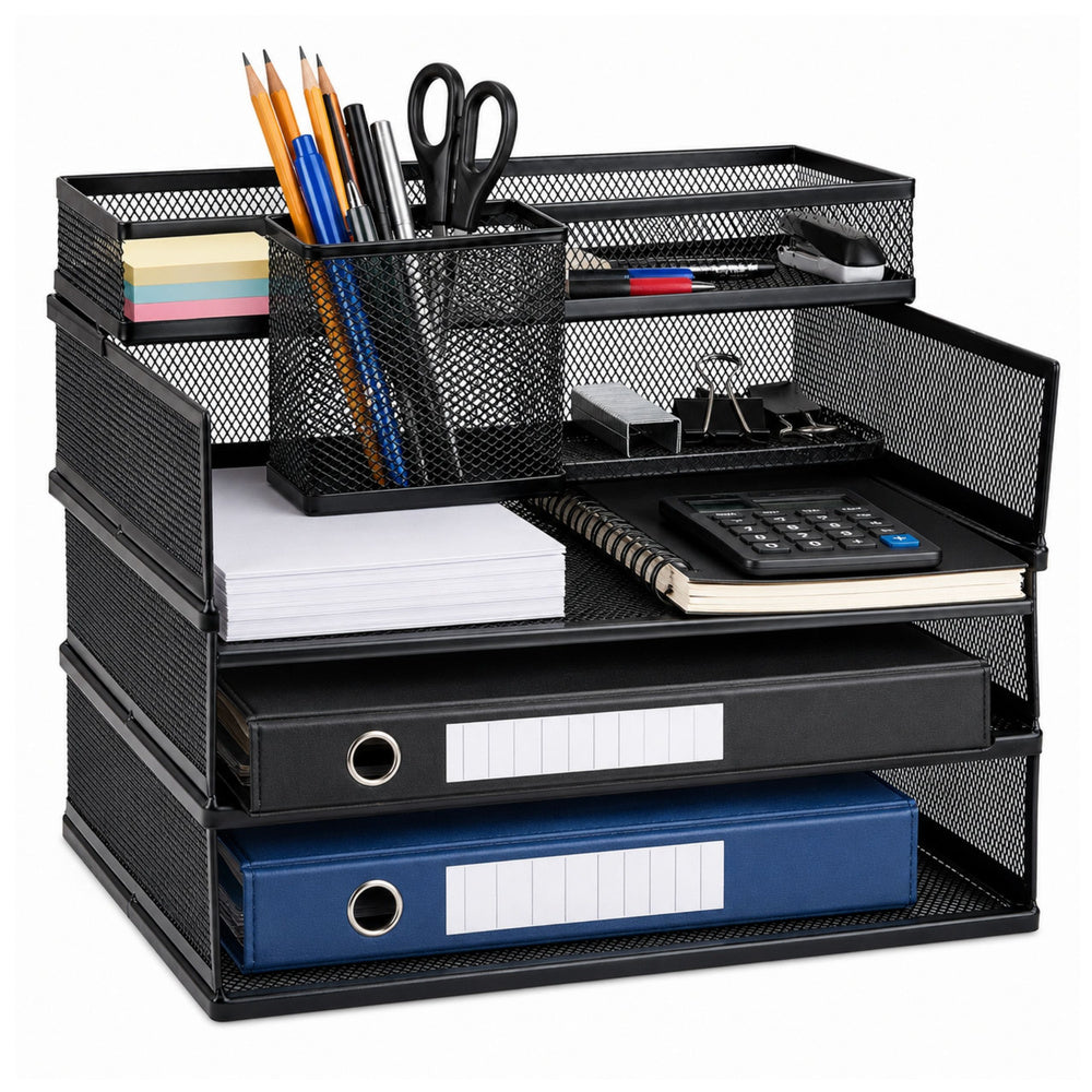 Multi-tiered metal shelving units for documents and accessories, black (2)