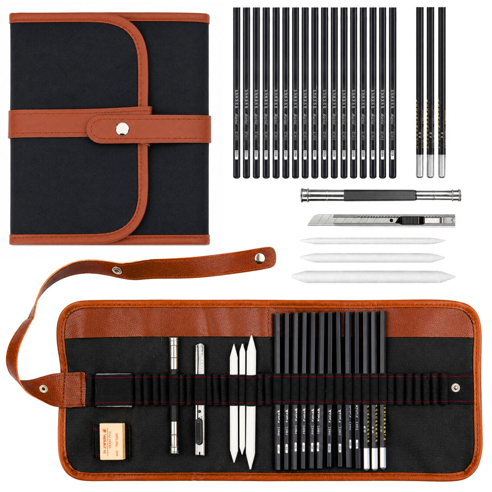 Professional sketching set, drawing pencils, accessories, case, 31-piece.
