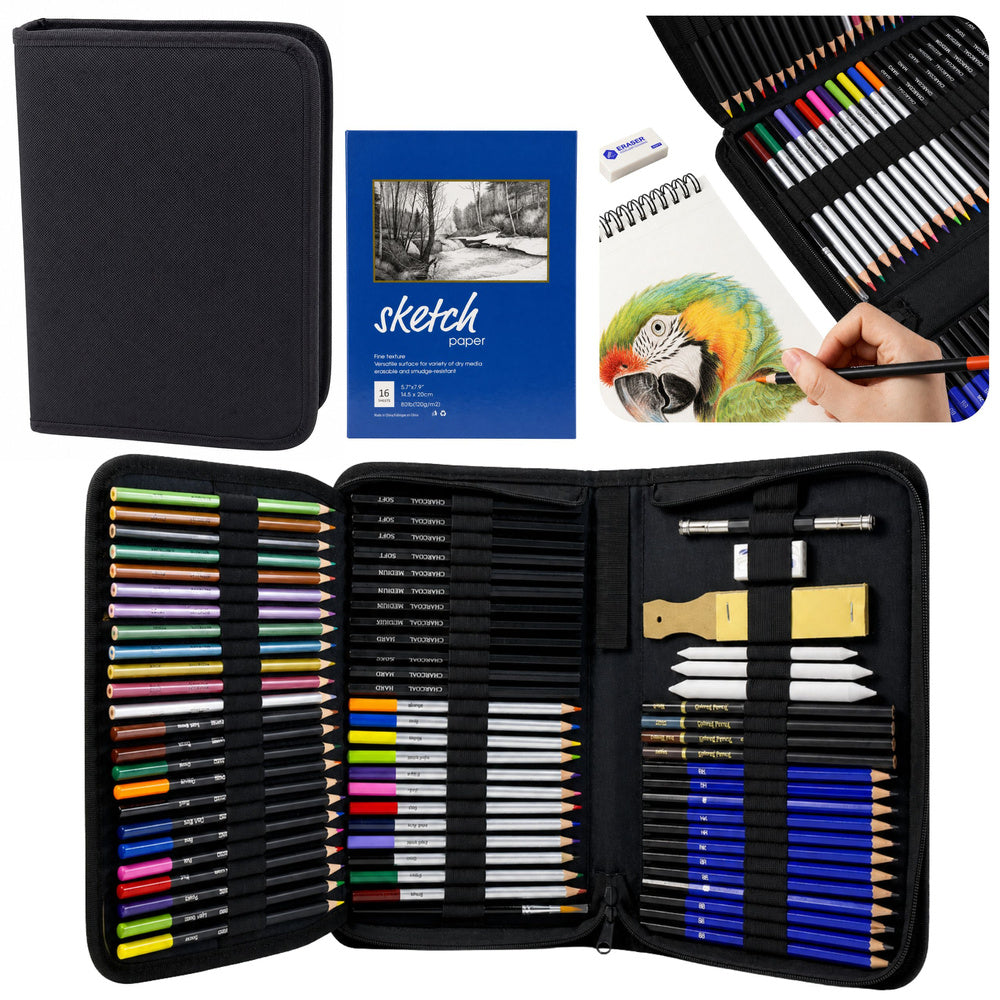 Drawing set with colored pencils, pencils, and pencil case, 74-piece.