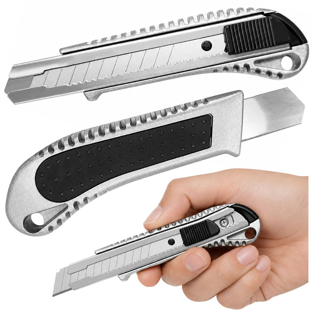 Aluminum utility knife with retractable mechanism, locking system, snap-off blade, 18 mm