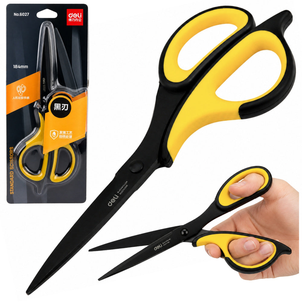 Black and yellow stainless steel office scissors, 18.4 cm