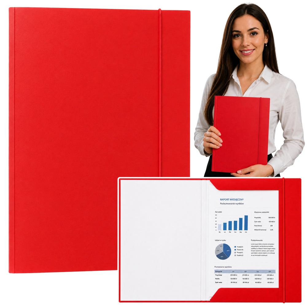 Cardboard folder with elastic band, varnished, A4, 300 g/m², red – packaging
