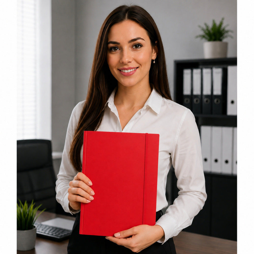 Cardboard folder with elastic band, varnished, A4, 300 g/m², red – packaging