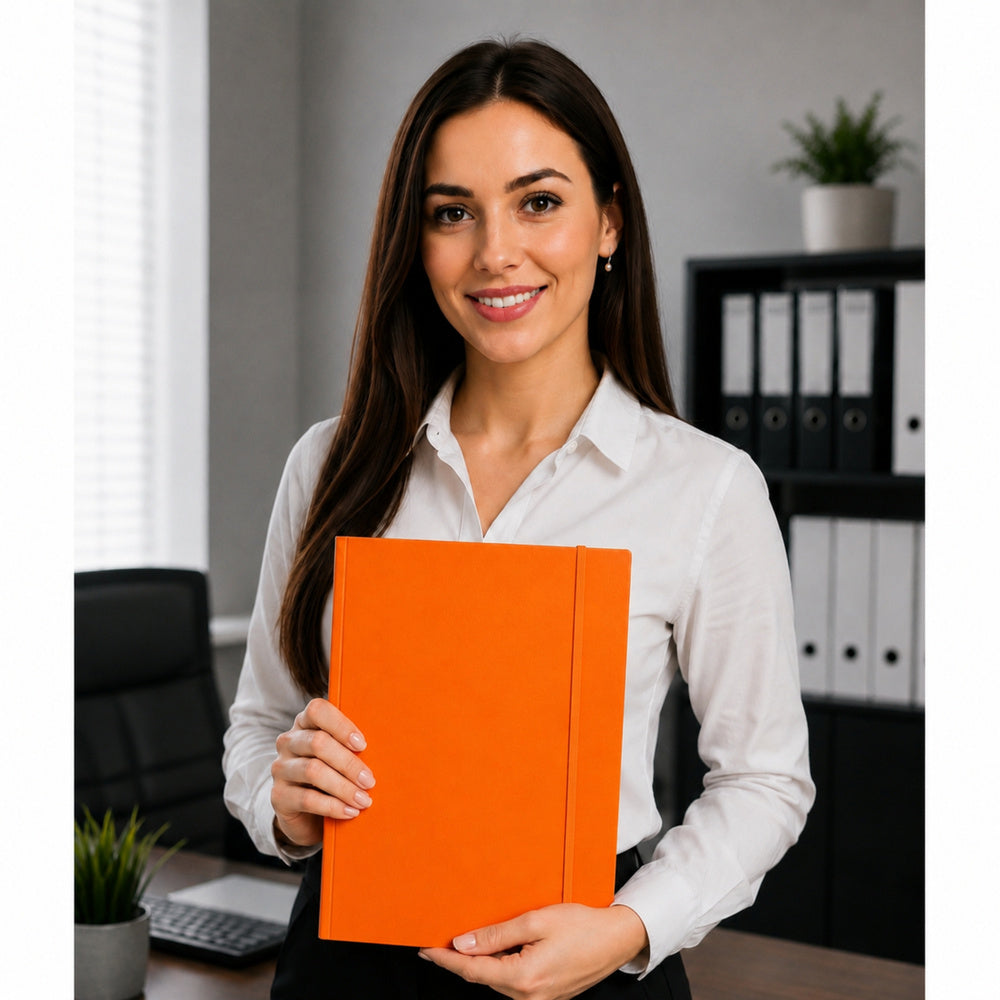 Cardboard folder with elastic band, varnished, A4, 300 g/m², orange – packaging