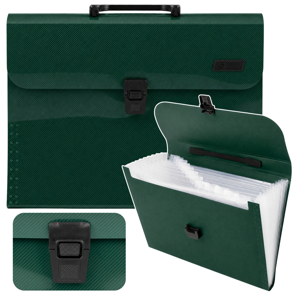 Document folder, 13 compartments, Green, A4, Handle