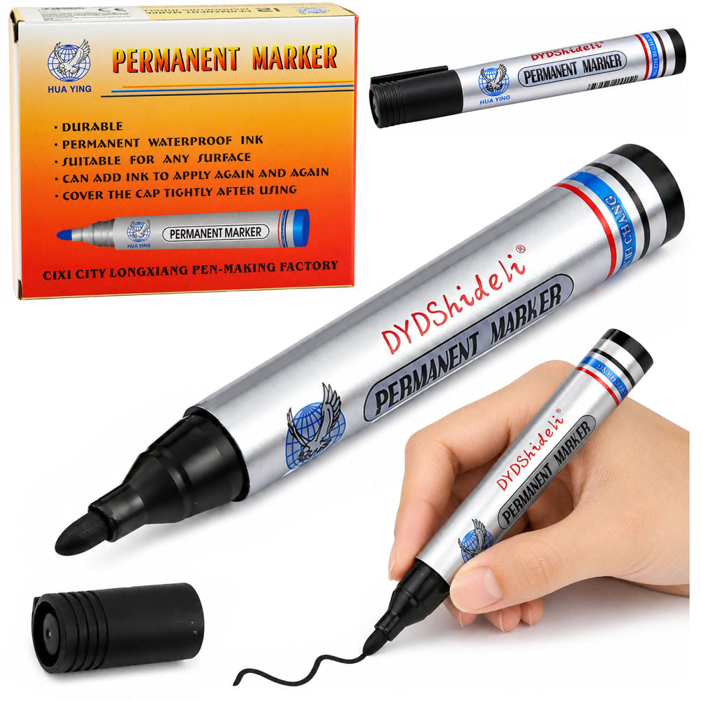 Black marker, waterproof, permanent, chisel tip
