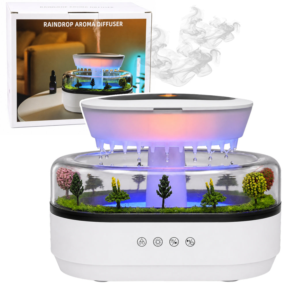Humidifier with aroma diffuser, rain effect, LED lighting, and power adapter