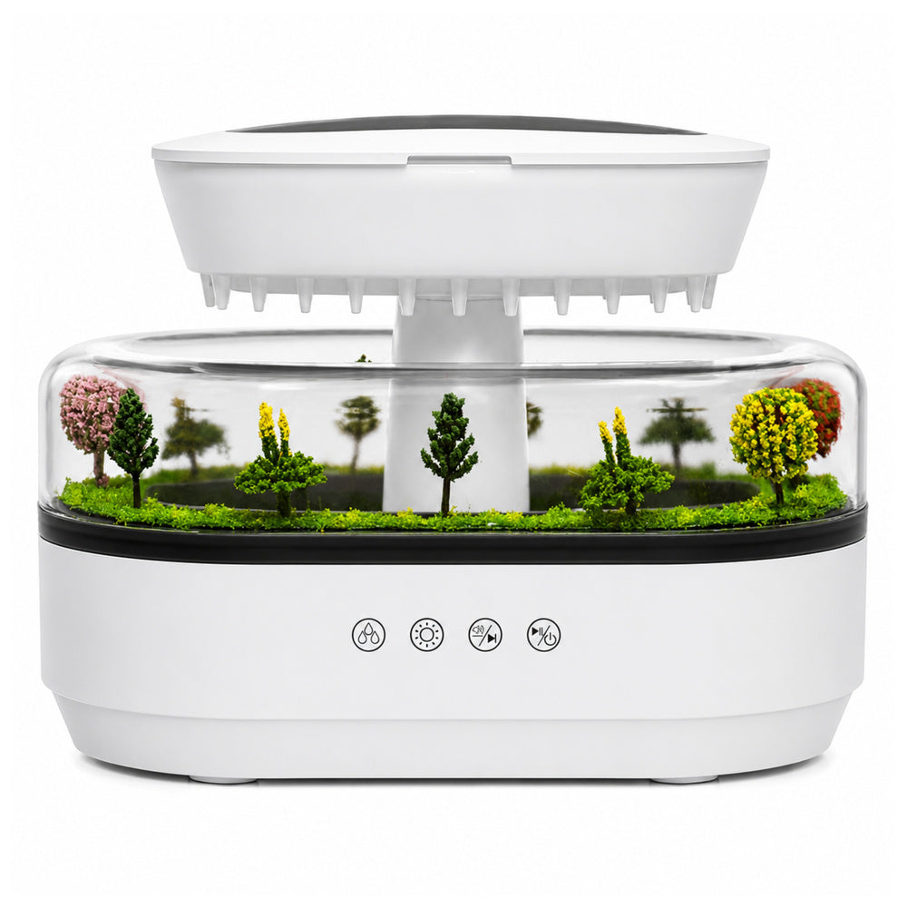 Humidifier with aroma diffuser, rain effect, LED lighting, and power adapter