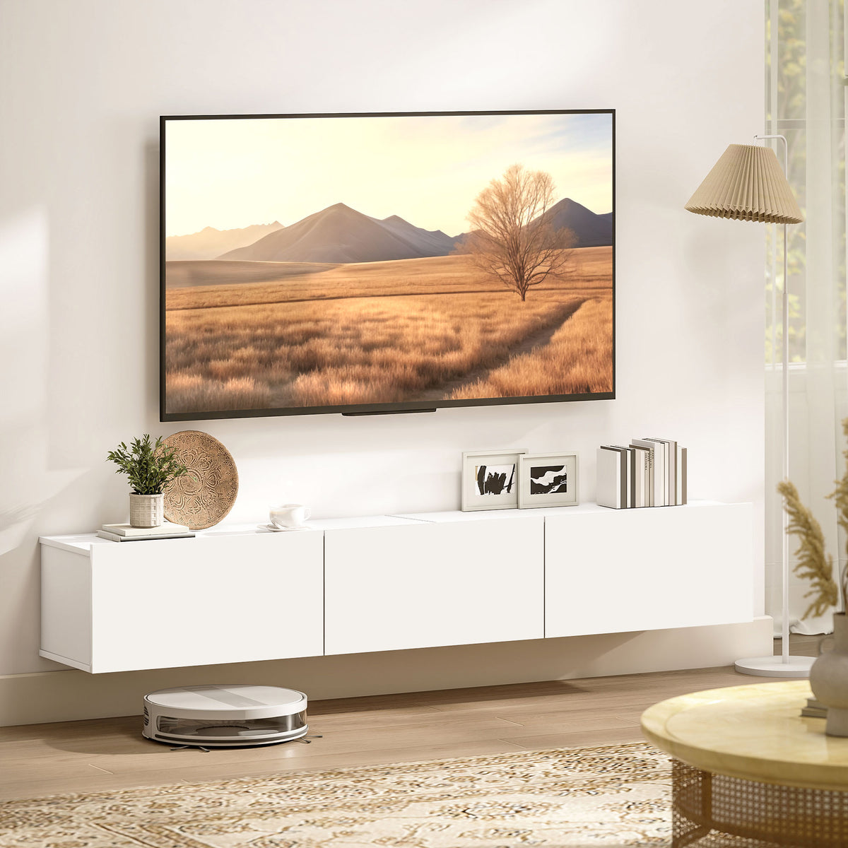 Floating TV cabinet, wall-mounted, 3 drawers, plenty of storage, 180 cm, white (2)
