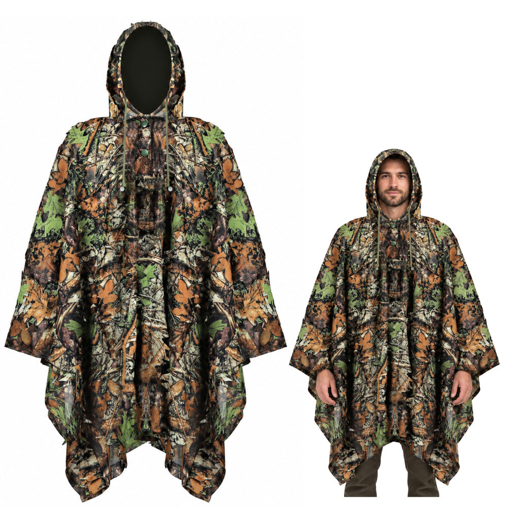3D camouflage poncho with hood, woodland camo pattern, 130 x 110 cm