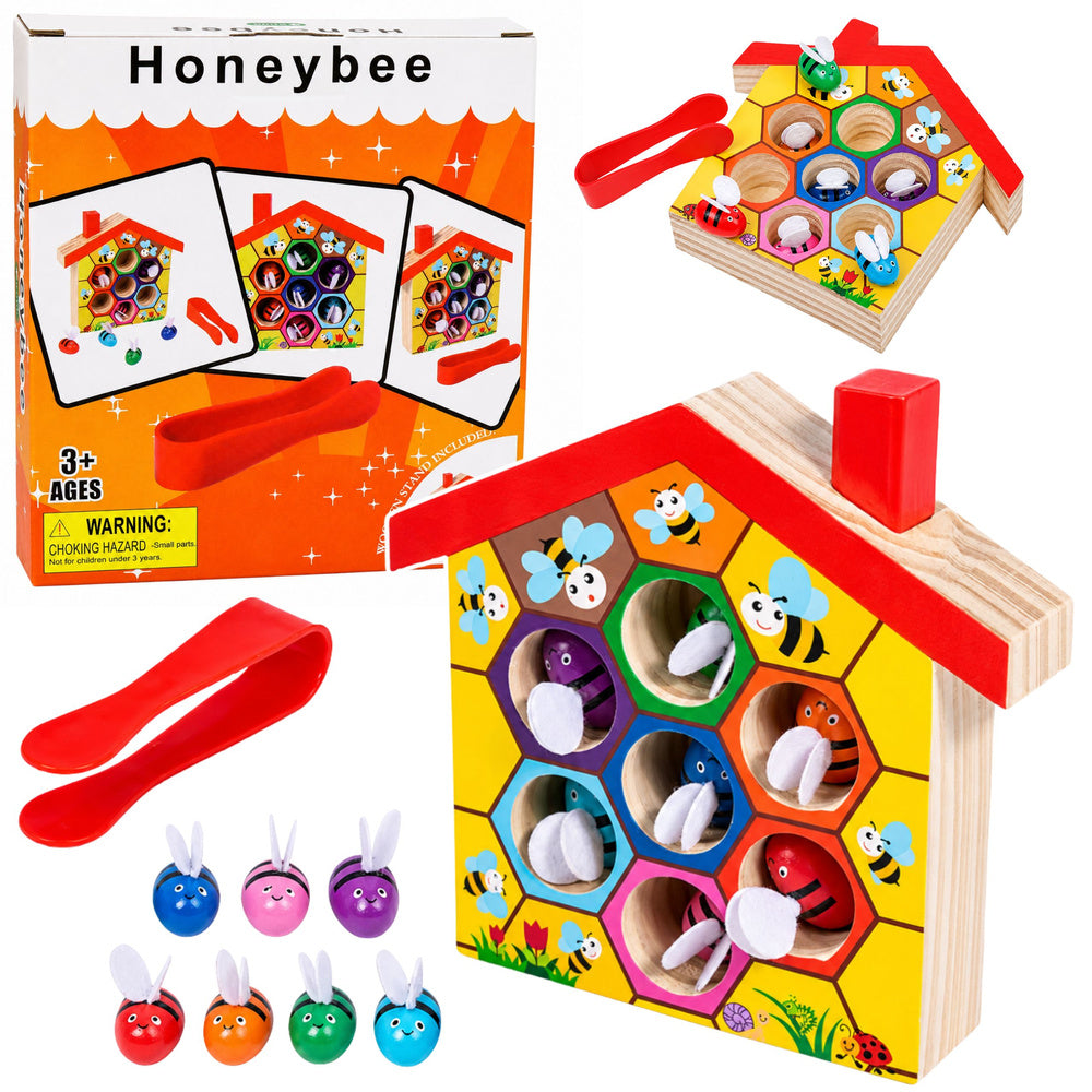 Educational beehive wooden tweezers skill toy, 7-piece set