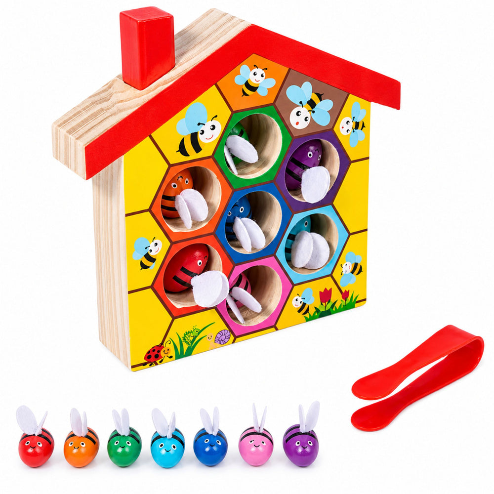 Educational beehive wooden tweezers skill toy, 7-piece set (2)