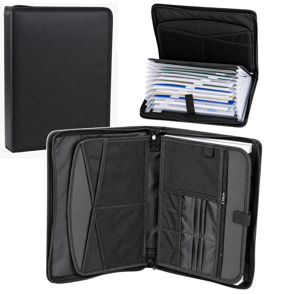 Document folder with compartments, pockets, zipper, A4, black
