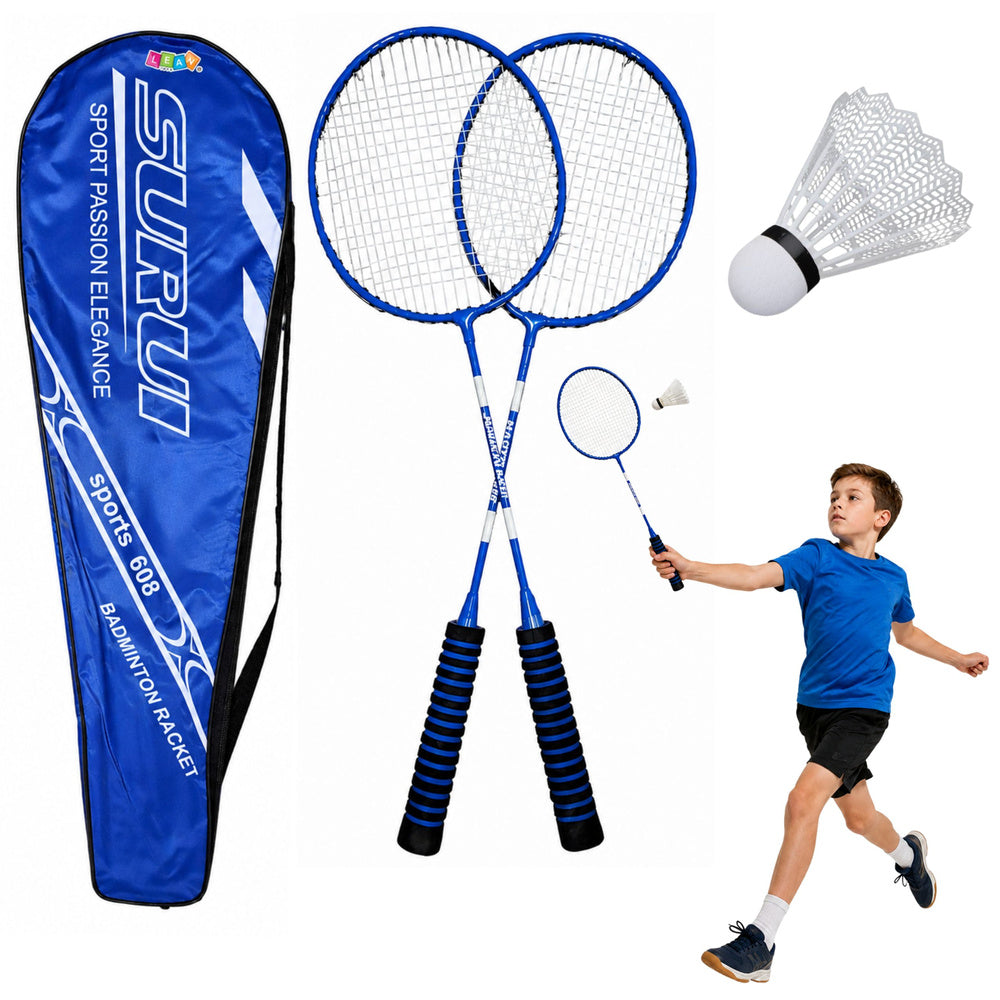 Badminton set, rackets, shuttlecock case, blue