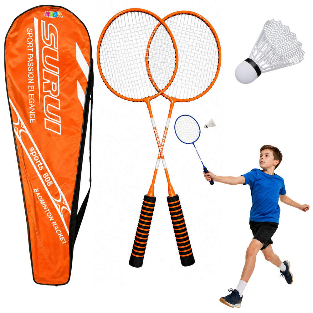 Badminton set, rackets, shuttlecock case, orange