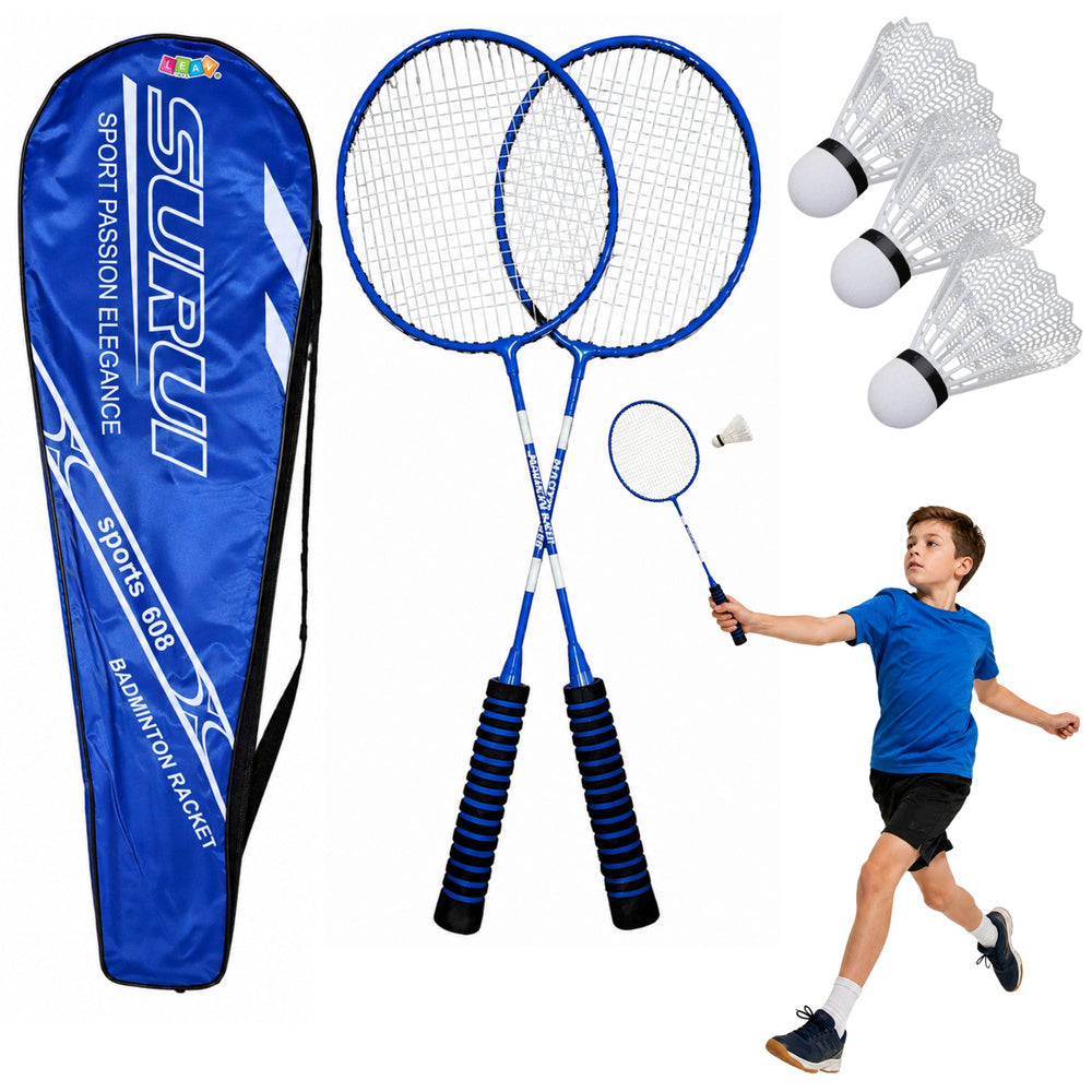 Badminton set, consisting of rackets, 3 shuttlecocks and a blue case