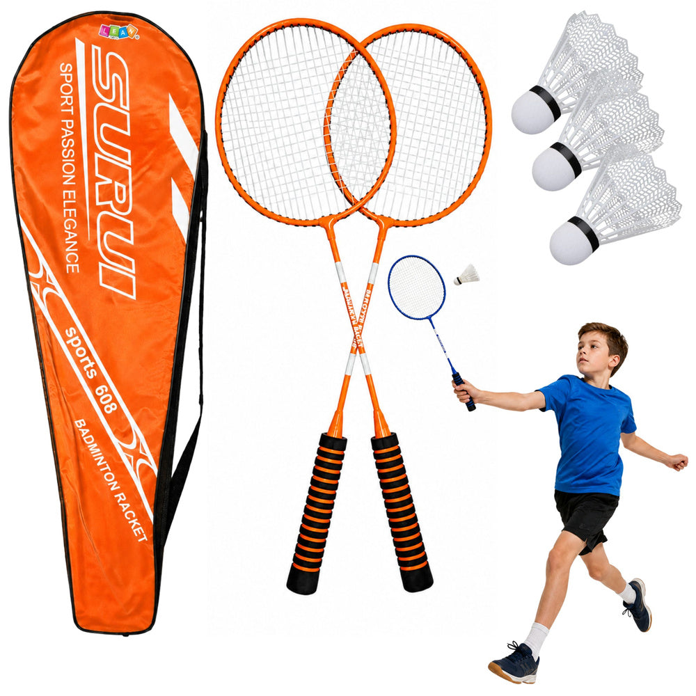Badminton set, 3 rackets, shuttlecocks, orange bag