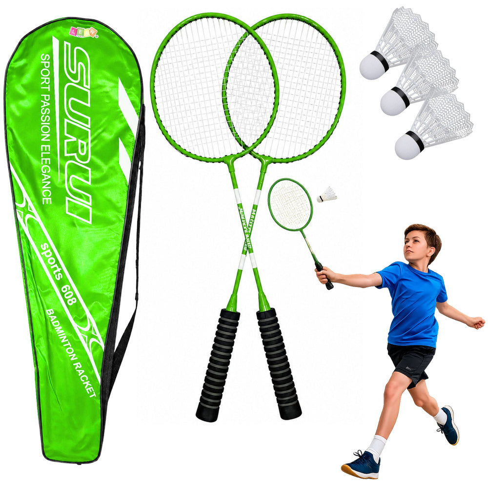 Badminton set, consisting of rackets, 3 shuttlecocks and a green case