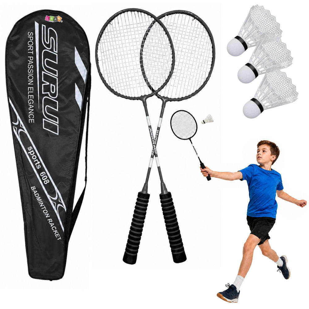 Badminton set consisting of rackets, 3 shuttlecocks, and a black case