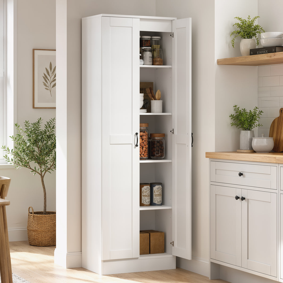 Pantry cabinet 175 cm with storage space, kitchen cabinet with soft-close doors and adjustable shelves, white (2)