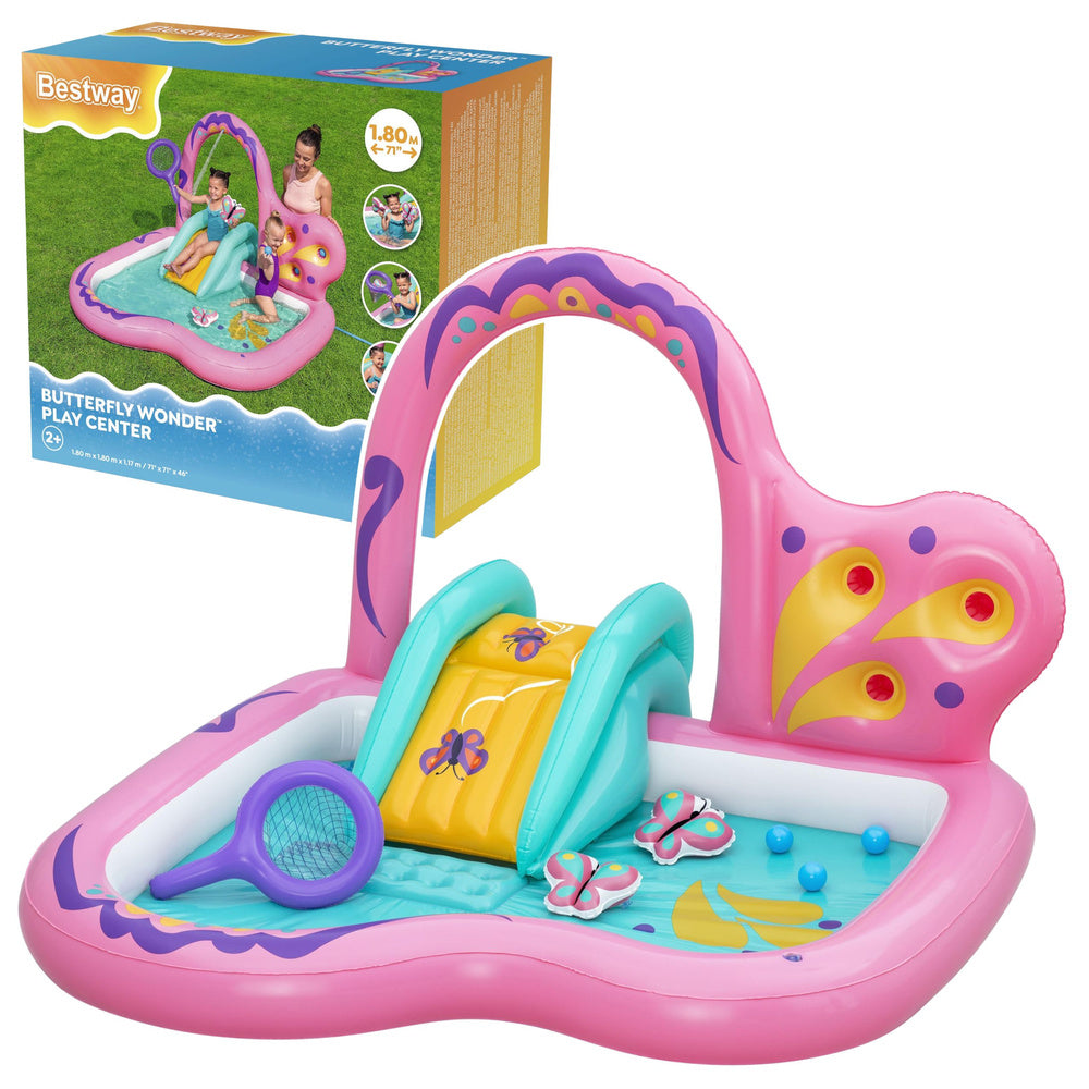 Water playground with slide, butterfly theme, pink accessories, Bestway 53175