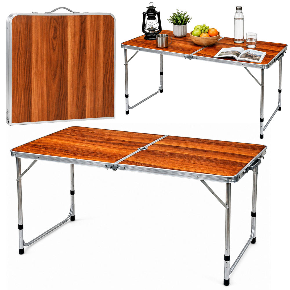 Foldable camping table, height-adjustable, suitcase style, wood