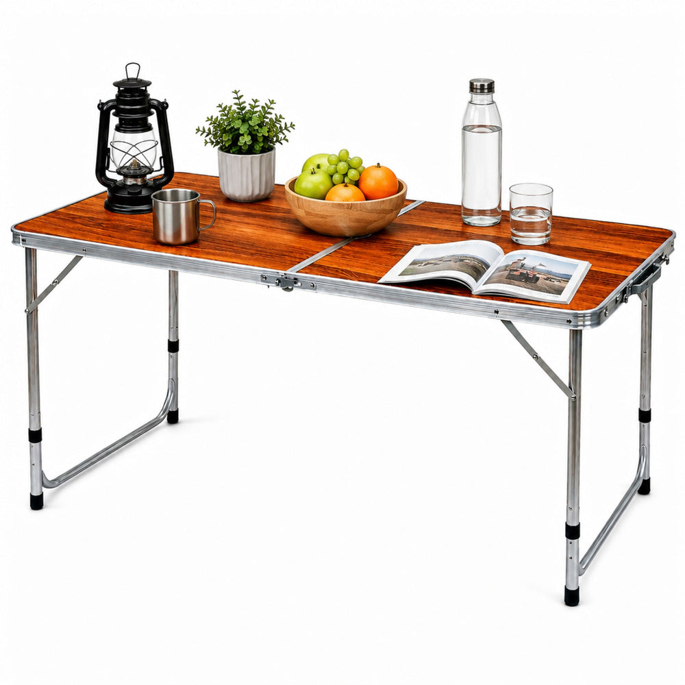 Foldable camping table, height-adjustable, suitcase style, wood (2)