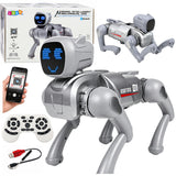 AI robot dog, remote-controlled, programmable via Bluetooth app, silver-colored