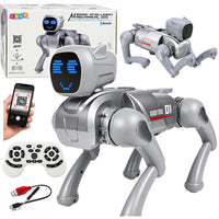 AI robot dog, remote-controlled, programmable via Bluetooth app, silver-colored