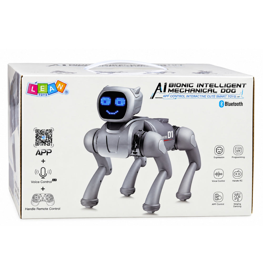 AI robot dog, remote-controlled, programmable via Bluetooth app, silver-colored