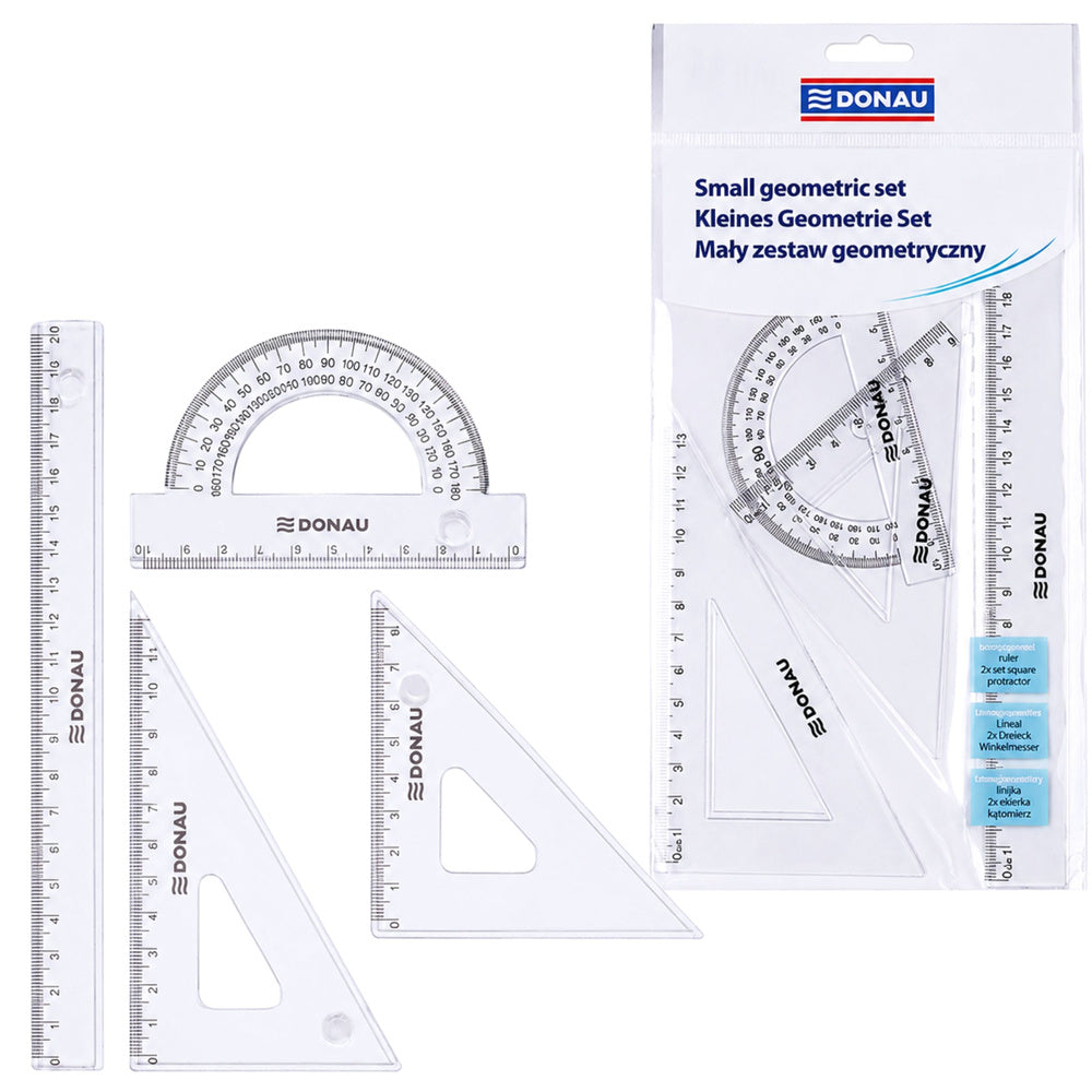 DONAU Small geometry set with 20 cm ruler, set square, and protractor, transparent