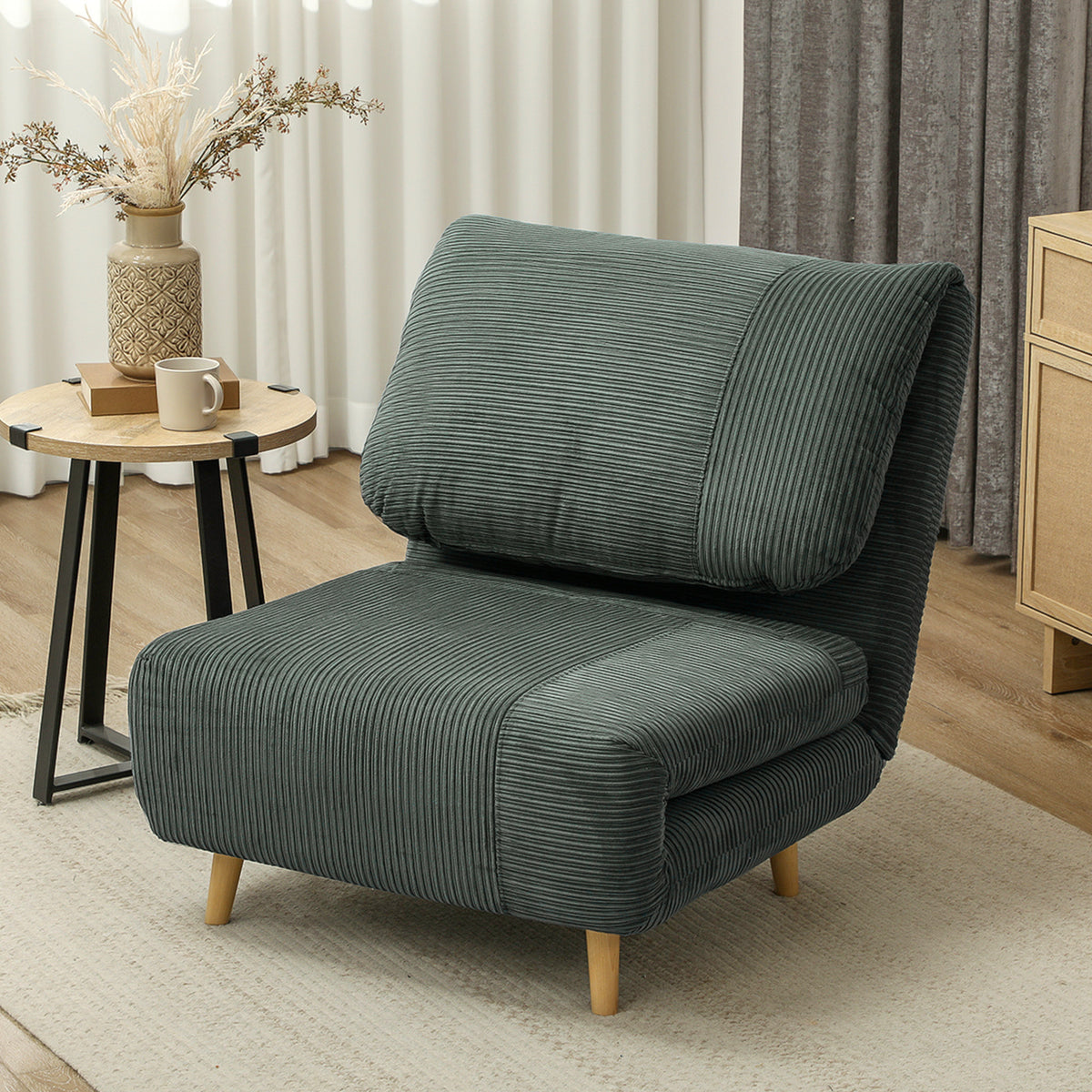 2-in-1 Sleeper Chair Guest Bed, Adjustable Headrest Corduroy Look 82 cm x 87 cm x 89 cm Green (2)