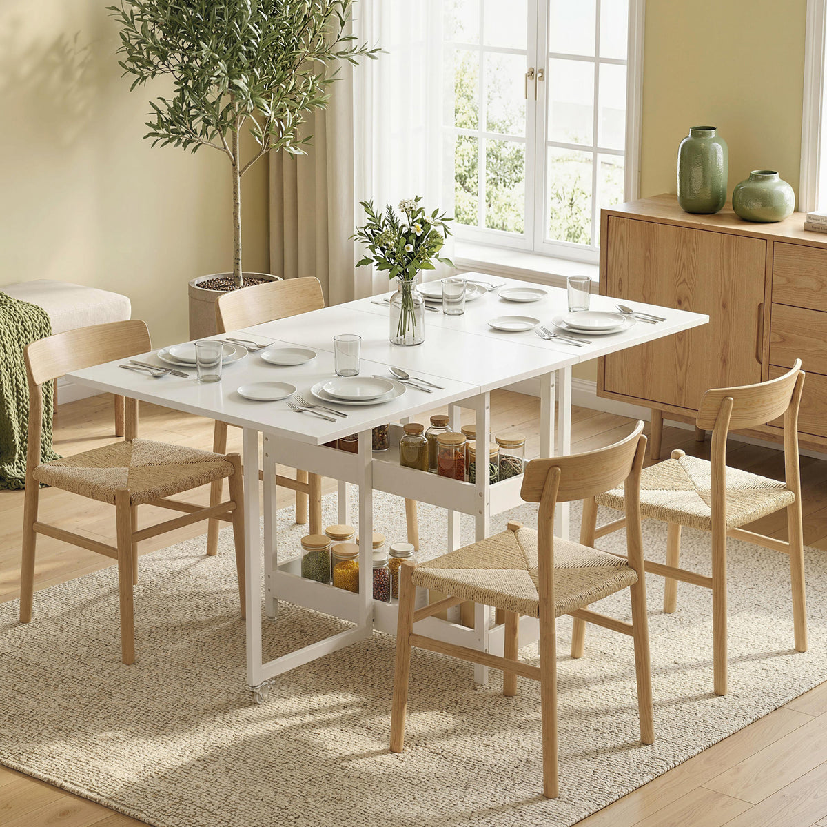 Foldable dining table in industrial design, for up to 4 people, open shelves, flexible, metal, chipboard, white (2)