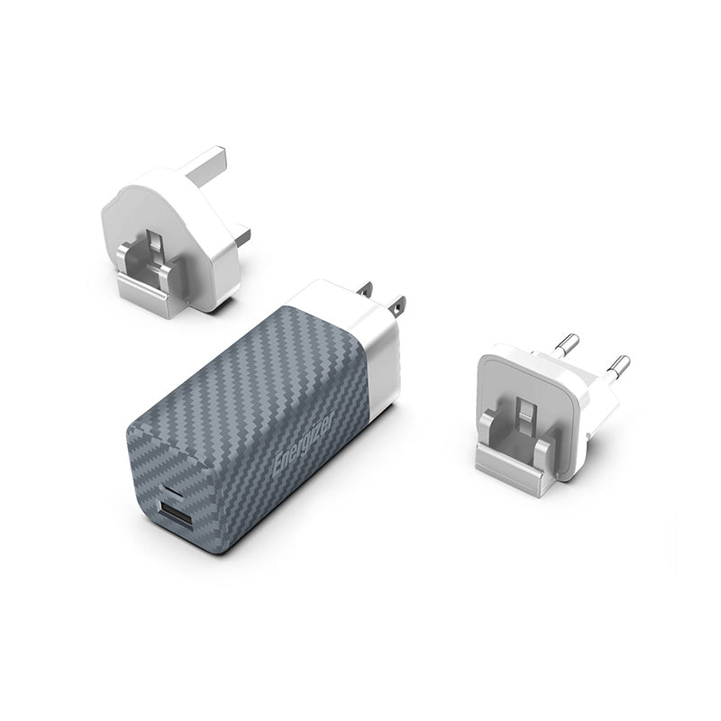 Energizer Ultimate - Multiplug EU / UK / US GaN USB-C and USB-A 65W PD Wall Charger (Silver)