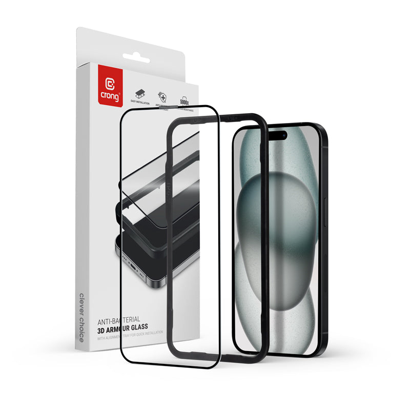 Crong Antibacterial 3D Armor Glass - 9H tempered glass with full adhesive for iPhone 16 Plus / iPhone 15 Plus +