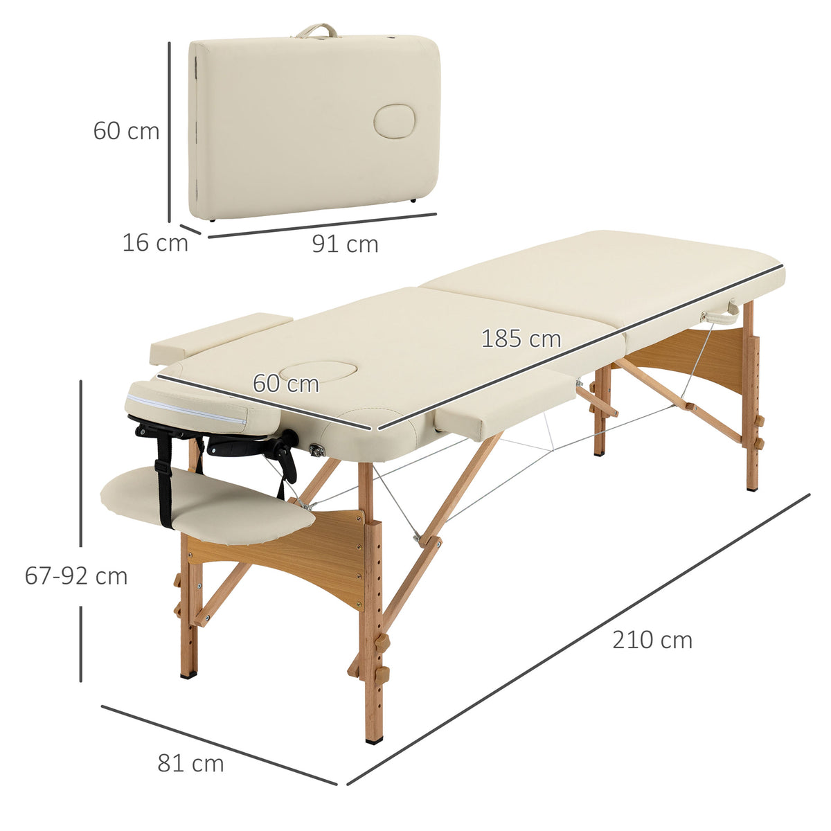 Massage table, foldable massage couch, height-adjustable massage bench for spa, salon, faux leather, wood, cream (3)