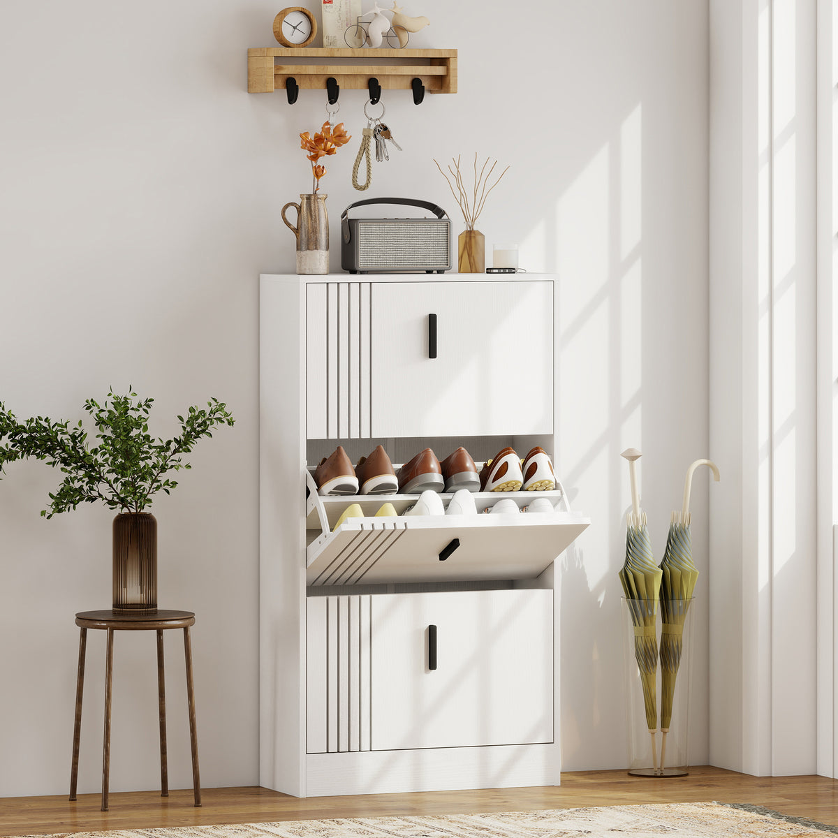 Shoe cabinet for up to 18 pairs of shoes with 3 drop-down doors and adjustable shelves, white (2)