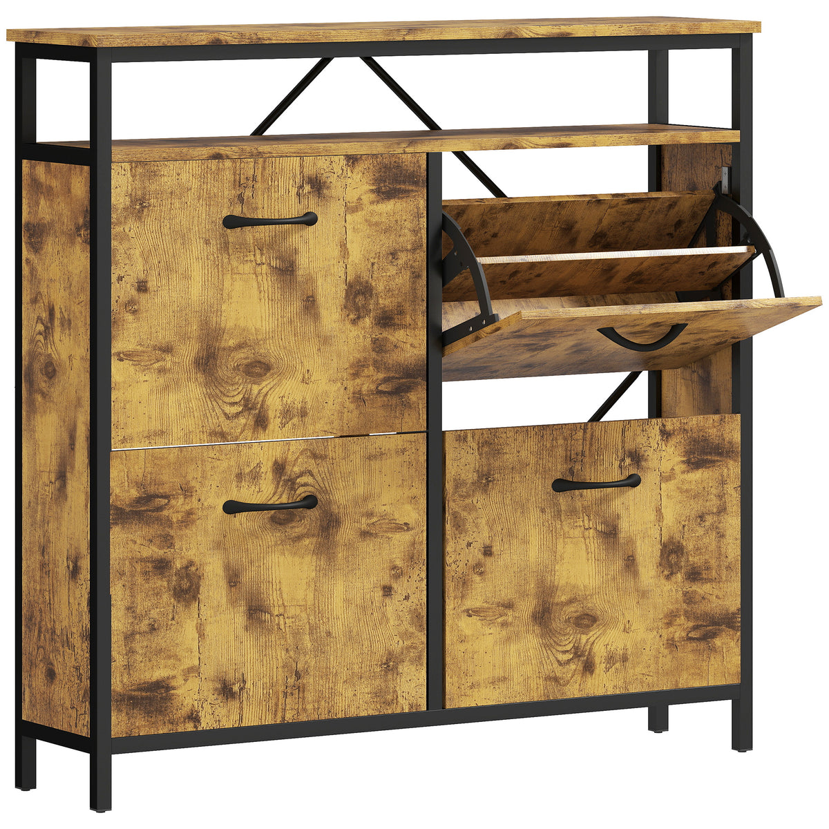 Shoe cabinet with 4 fold-out drawers, slim design, open shelf, for 12-20 pairs of shoes, steel, brown