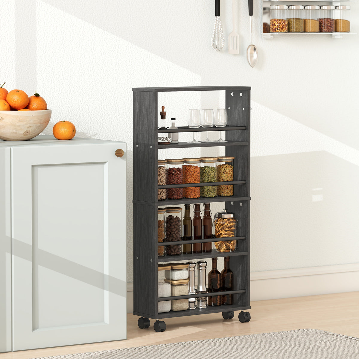 Multifunctional shelf with wheels, slim design, 4 tiers, 45x15x91 cm, black (2)