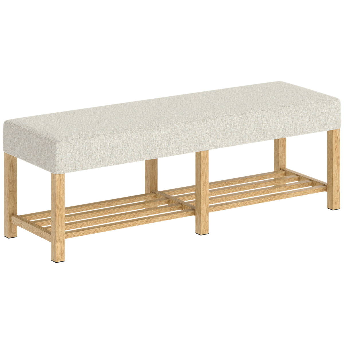 140 cm solid wood shoe bench, modern hallway bench with upholstered seat for two people, natural wood and cream