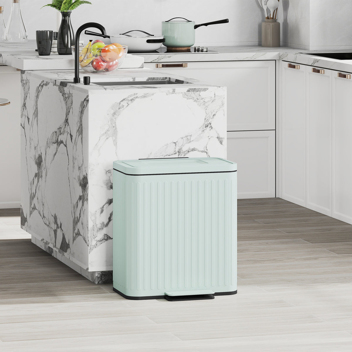 Kitchen trash can, 2 x 20 L compartments, efficient waste separation, foot pedal, plastic, metal, green (2)