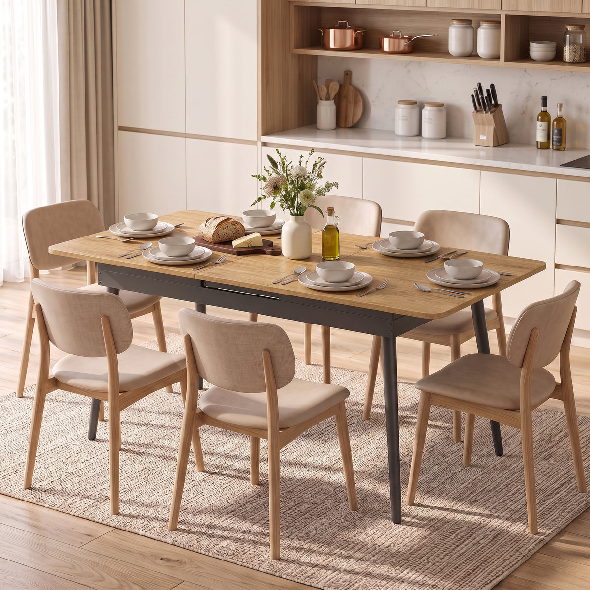 Extendable dining table 130-160 cm, kitchen table with rounded corners, oak (2)