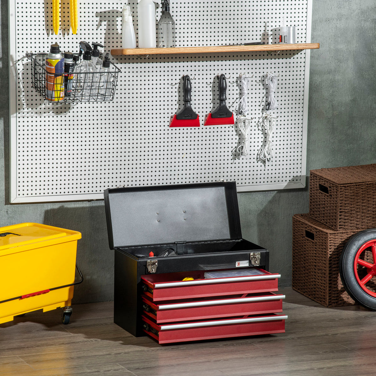 Toolbox, tool chest, 3 drawers, lockable, steel housing, black+red, 51 x 22 x 32 cm (2)