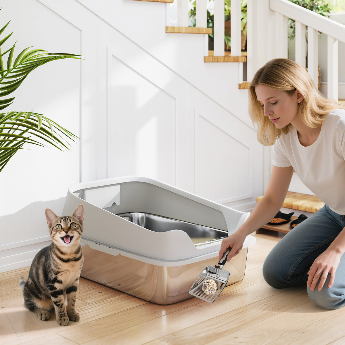 Stainless steel litter box, open cat toilet with scoop and high sides for large cats up to 7 kg, 60.2 x 40.2 x (2)