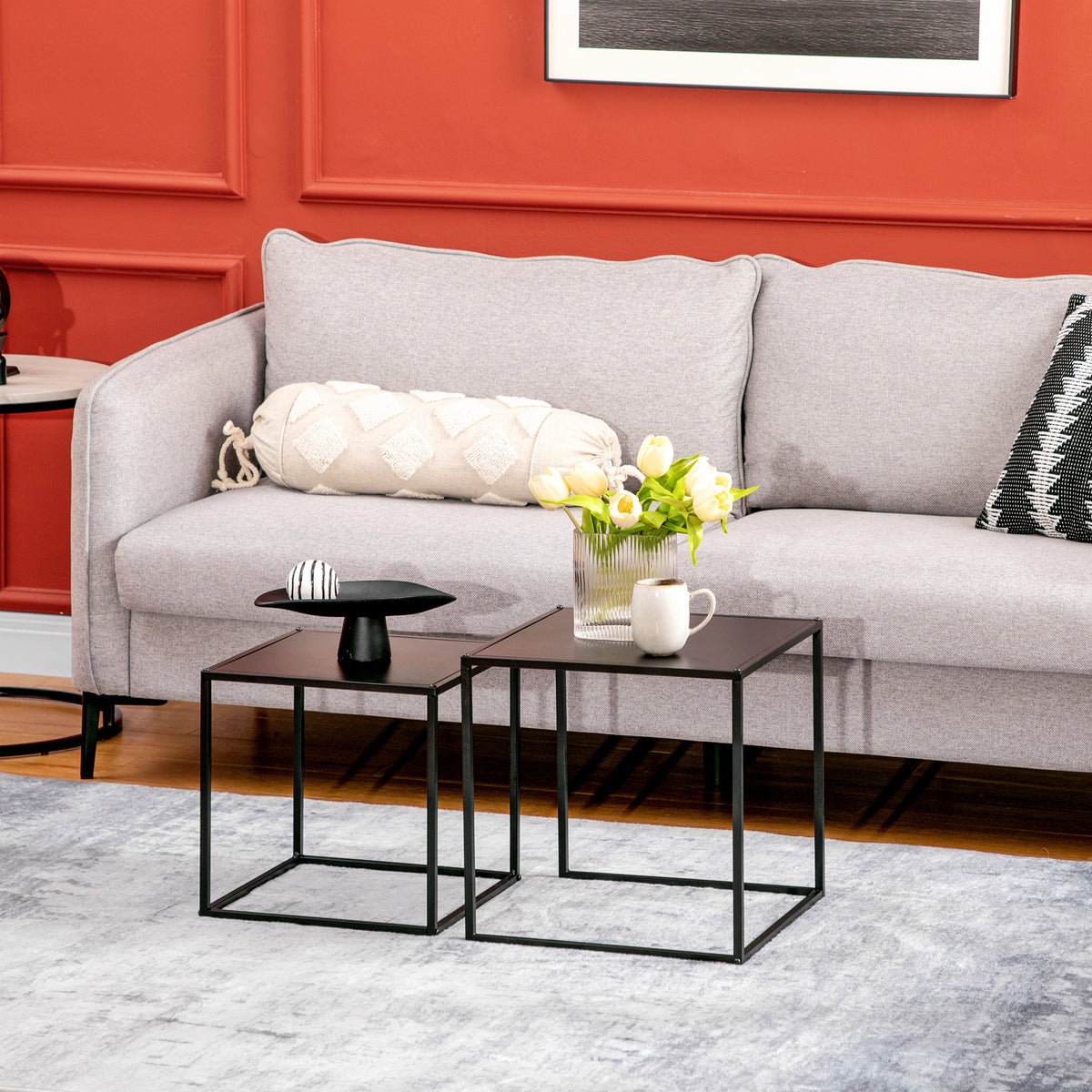 Side table, coffee table, nesting table, set of 2, modern design, steel frame, black, 40 x 40 x 40cm (2)