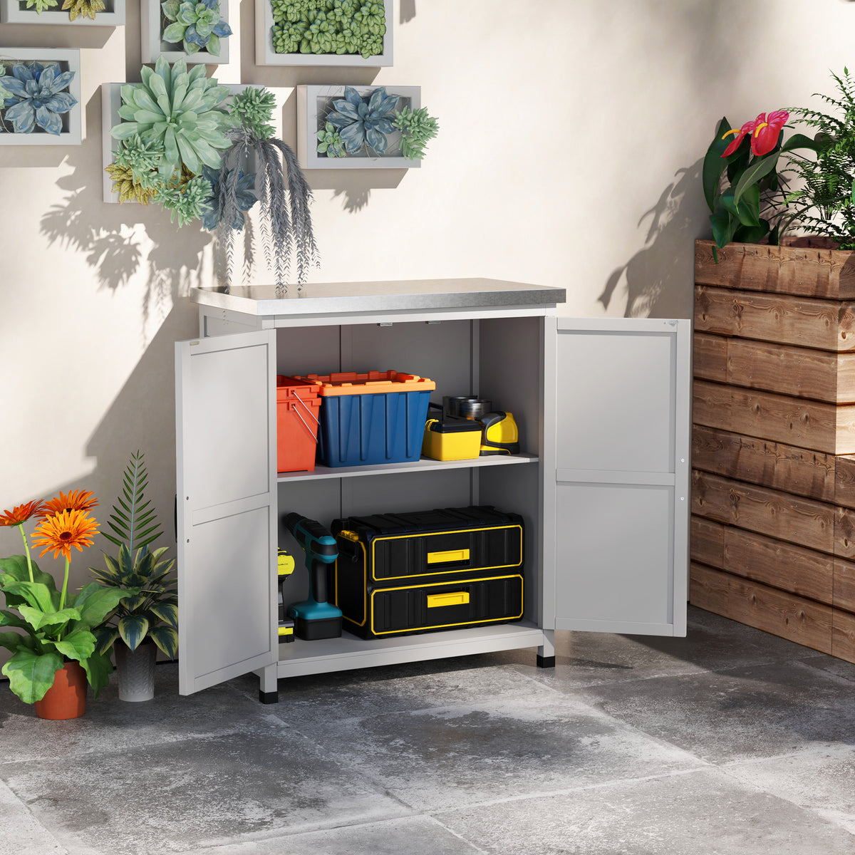 Garden cabinet, outdoor cabinet with work surface, tool cabinet, solid wood, steel, 79W x 43D x 92H cm, gray (2)